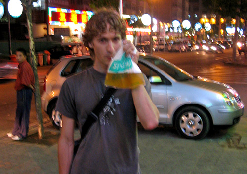 jeremy drinks a bag of beer