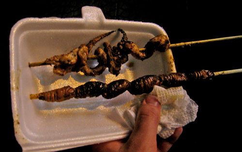 silkworm and squid on a stick