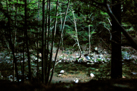 small, texturous, evening image of river, rocks, trees leading to Sykes hot springs